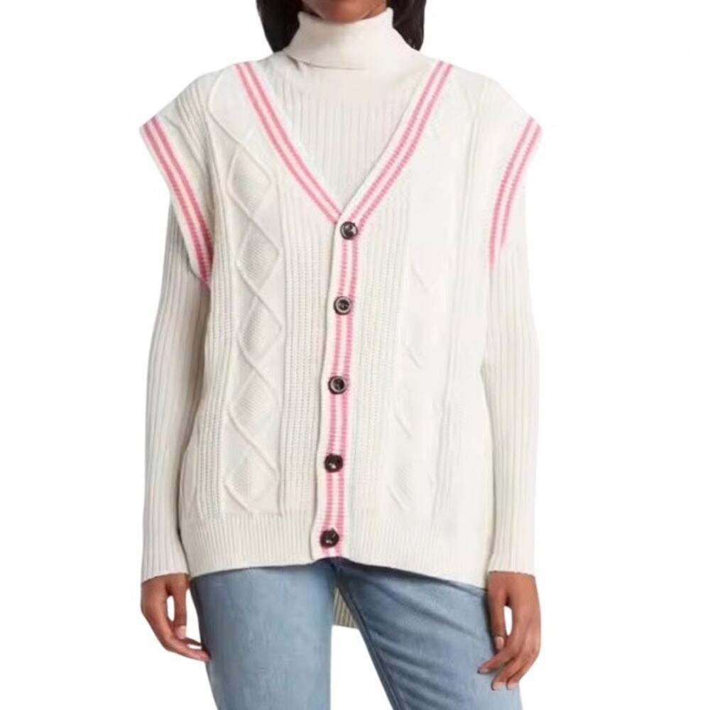 NEW BP Preppy Cableknit V-Neck Sweater Vest Womens XL Sporty Stripe Pink Trim
